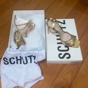 Schutz brand metallic gold heeled sandals with ankle strap